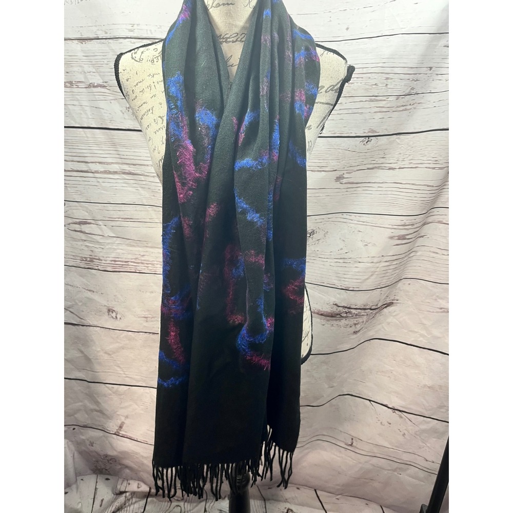 J. Jill Black Multi Abstract Embroidered Fringe Scarf Wrap One Size NEW 231791
